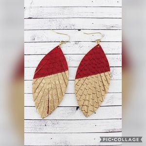 Gold-Dipped Burgundy Faux Snakeskin Leaf Earrings